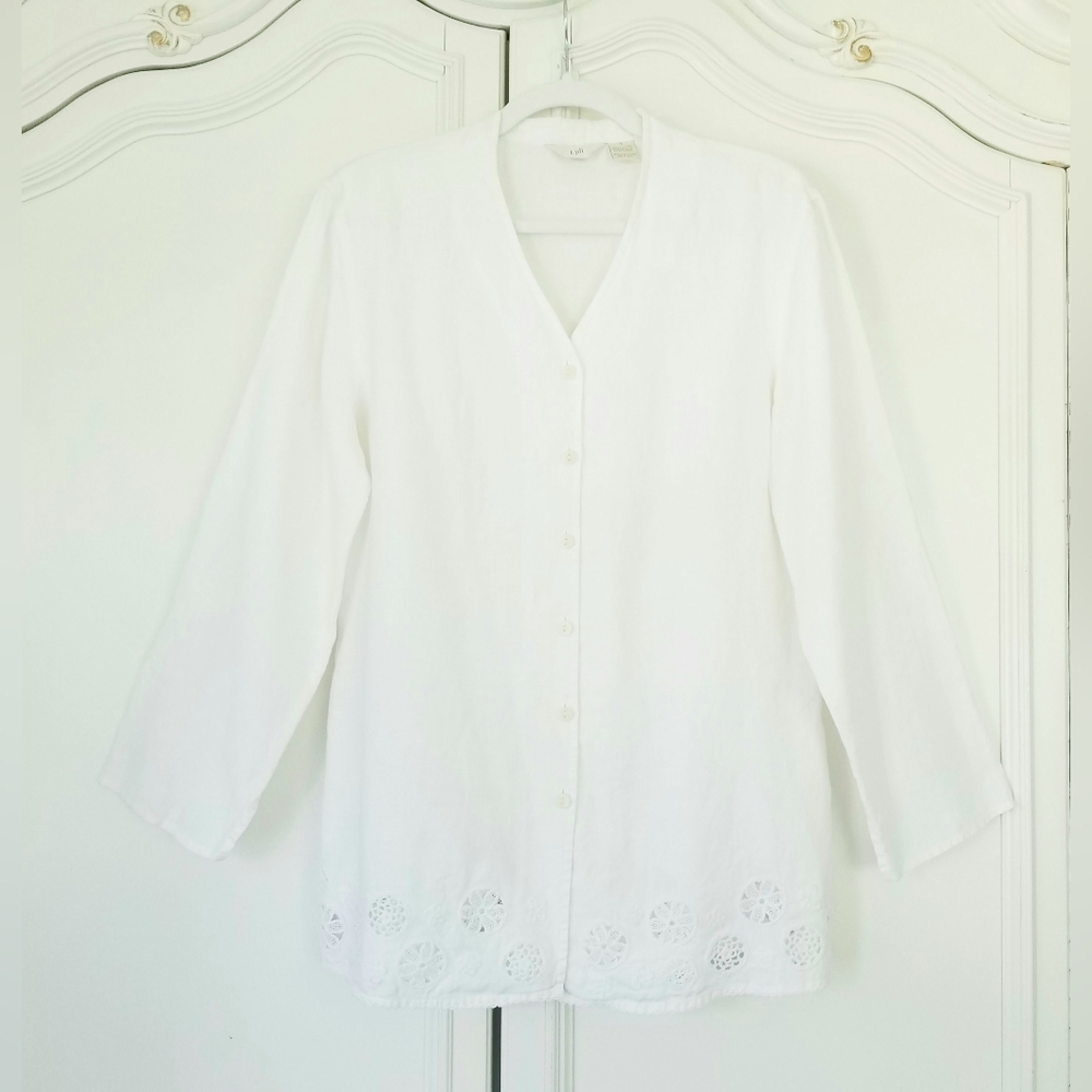 J. Jill White Linen Crochet Insert Long Sleeve Relaxed Beachy Tunic Top Small